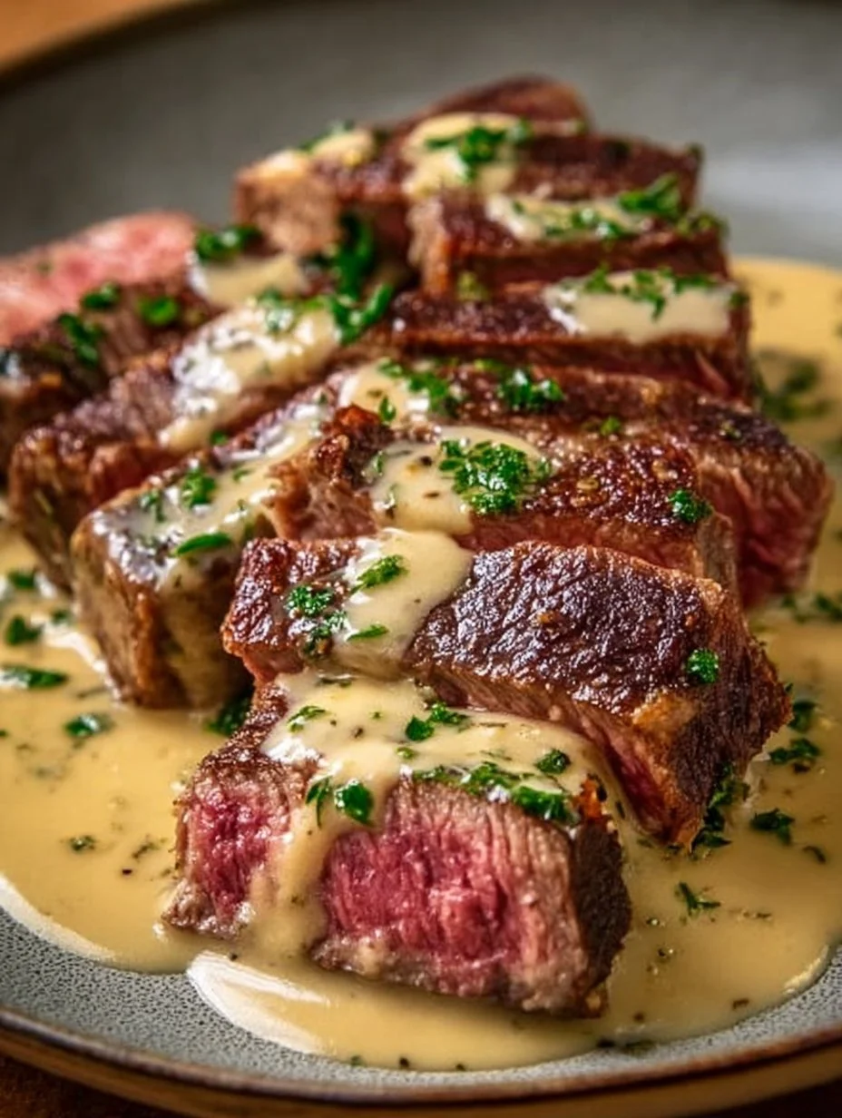 Perfekt gebratenes Steak mit cremiger Knoblauchsauce auf einem Teller serviert