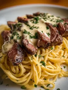 Pikantes Steak Gorgonzola Alfredo mit cremiger Parmesan-Soße auf einem Teller.