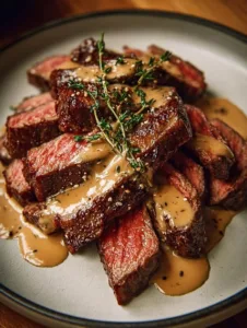 Steak mit Bourbon-Knoblauch-Sahnesoße auf einem Teller serviert.