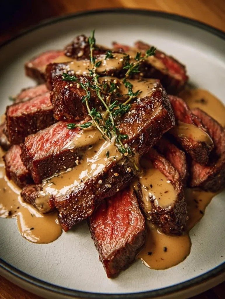 Steak mit Bourbon-Knoblauch-Sahnesoße auf einem Teller serviert.