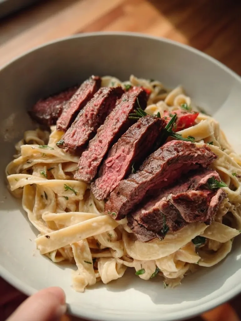 Steak-Pasta mit Boursin auf einem Teller, garniert mit frischen Kräutern.