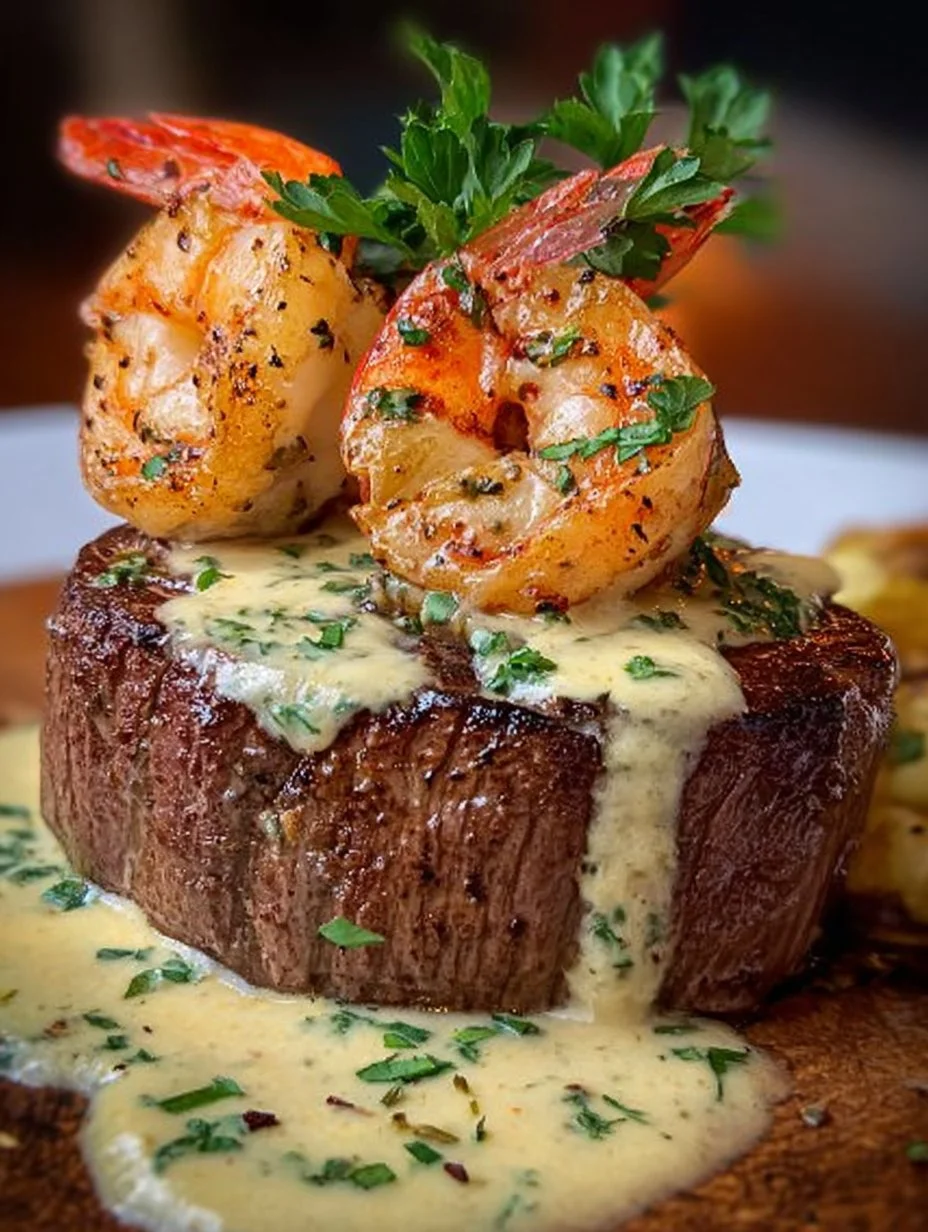 Surf und Turf mit cremiger Knoblauchsoße erfreut jeden Biss!