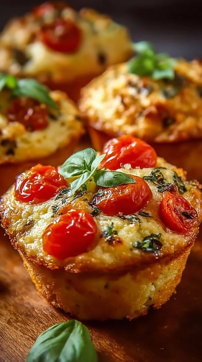 Tomate-Mozzarella-Muffins mit Basilikum auf einem rustikalen Tisch