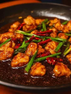 Würziges mongolisches Hähnchen mit karamellisierter Sojasoße auf einem Teller angerichtet