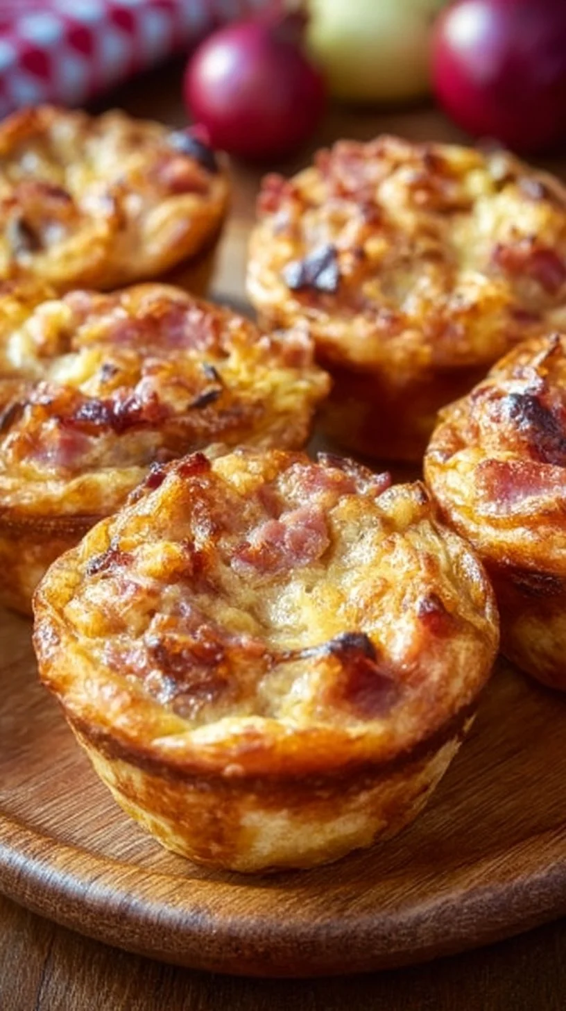 Zwiebelkuchen-Muffins mit Blätterteig auf einem Teller serviert
