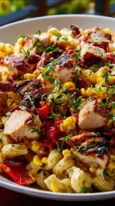 BBQ-Hühnchen-Pasta-Salat in einer bunten Schüssel serviert