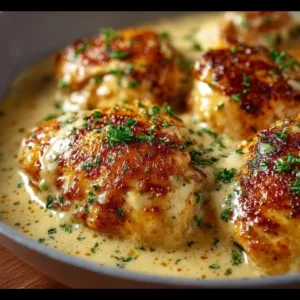 Cremiges Parmesan-Hühnchen mit Frischkäse auf einem Teller serviert