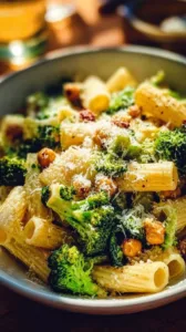 Leckere Brokkoli Kichererbsen-Pasta mit Knoblauch-Olivenöl auf einem Teller