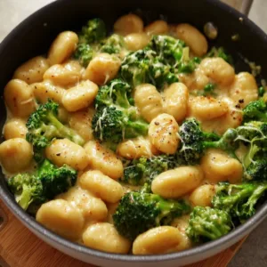 Cremige Gnocchi in Brokkoli-Sahnesoße auf einem Teller serviert