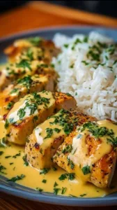 Cremiges Hähnchen mit Honig und Senf auf einem Teller serviert.