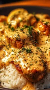 Cremiges Hähnchen mit Reis auf einem Teller angerichtet