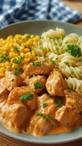 Cremiges Hähnchengeschnetzeltes auf einem Teller serviert