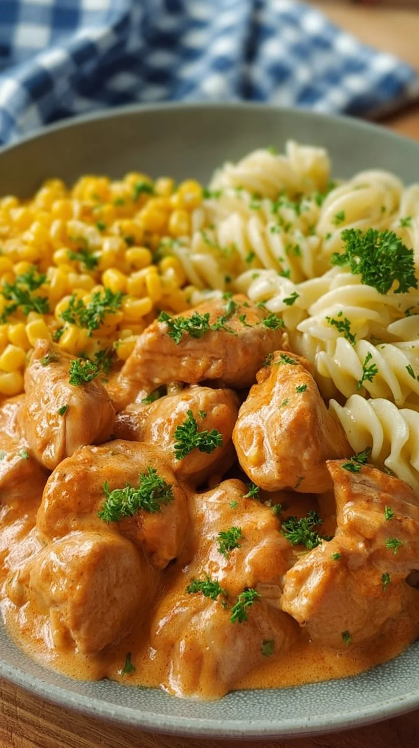 Cremiges Hähnchengeschnetzeltes auf einem Teller serviert