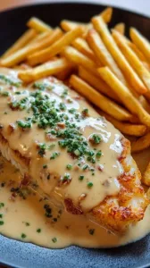 Cremiges Knoblauch-Parmesan Hähnchen mit Pommes auf einem Teller