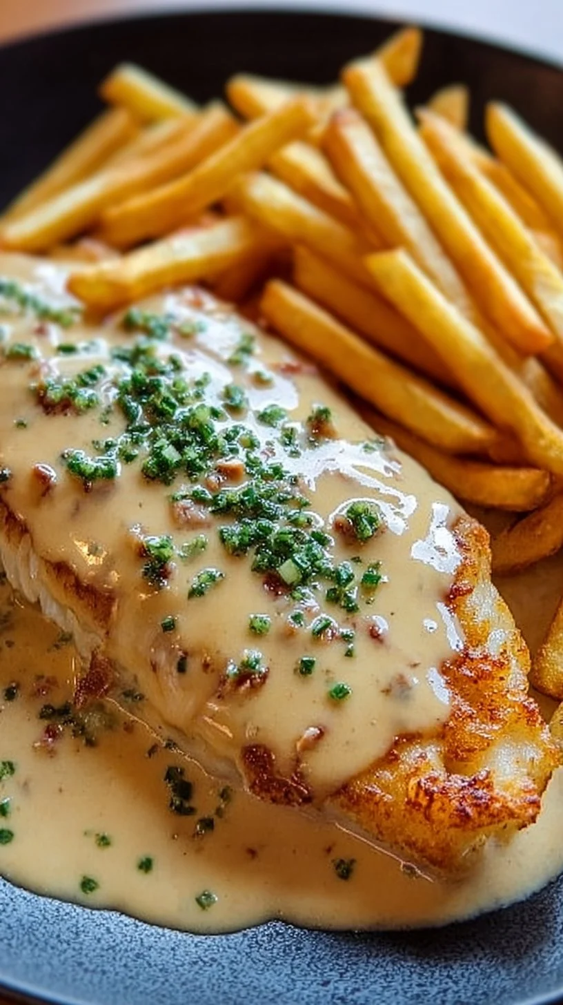 Cremiges Knoblauch-Parmesan Hähnchen mit Pommes auf einem Teller