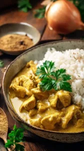 Curry-Geschnetzeltes mit Sahne in einer bunten Pfanne serviert