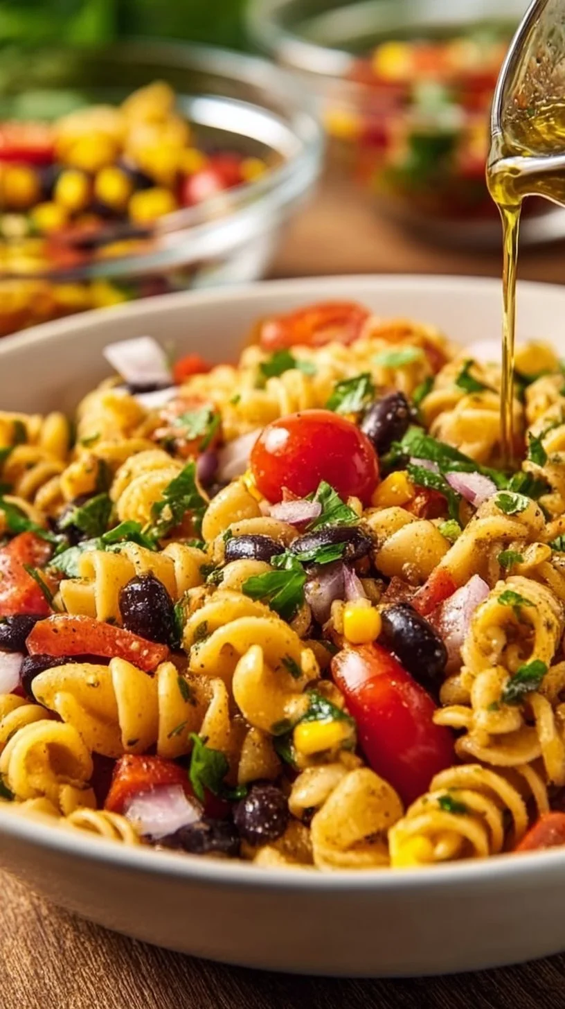 Einfache vegane Pasta-Salat in einer bunten Schüssel mit frischem Gemüse.