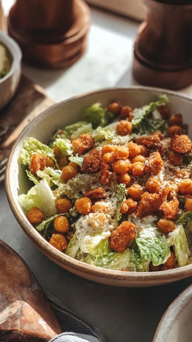 Einfacher Römischer Caesar-Salat mit knusprigen Kichererbsen-Croûtons