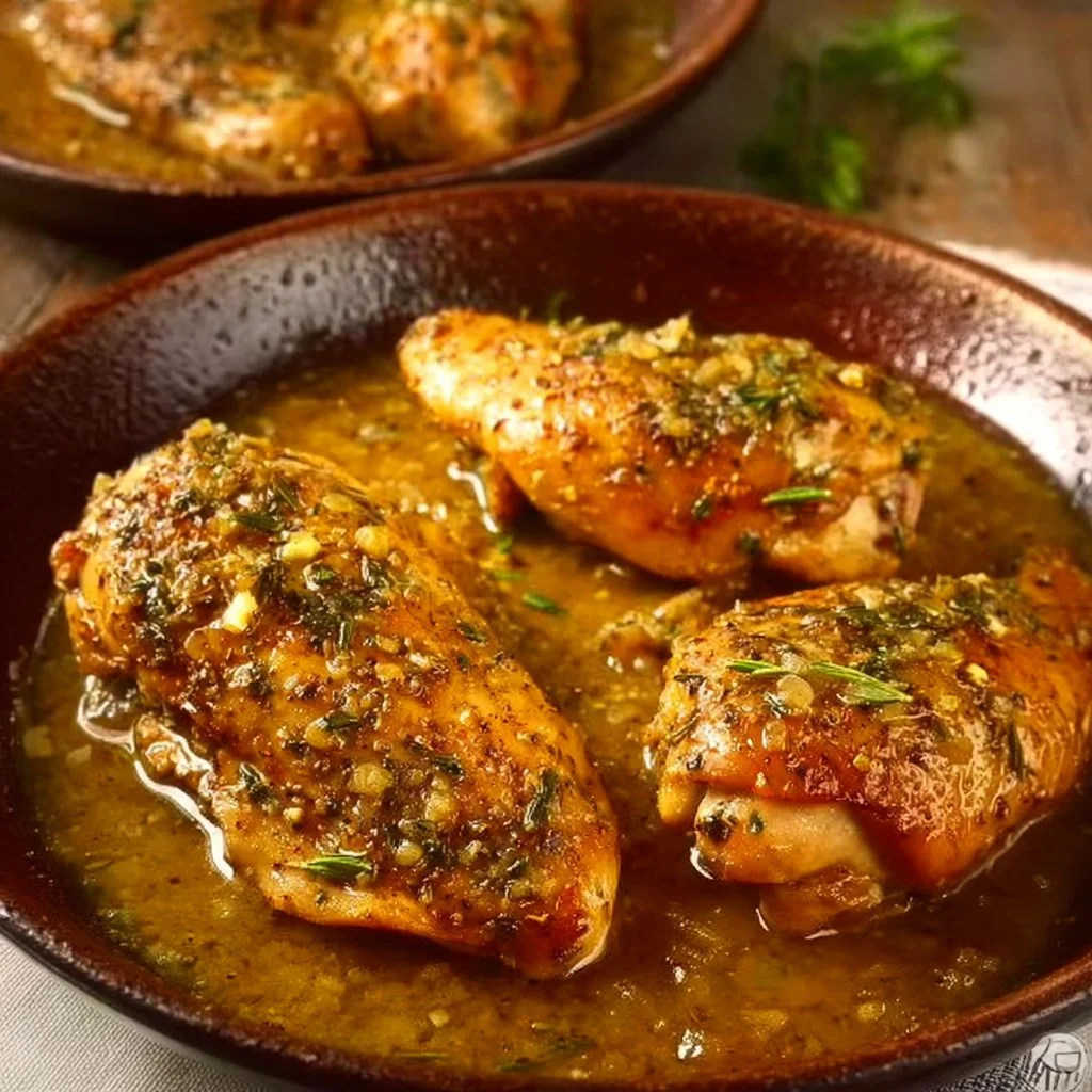 Knoblauchbutter-Hühnchen auf einem Teller garniert mit frischen Kräutern.