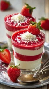 Köstliches Erdbeer-Dessert im Glas mit frischen Erdbeeren und Sahne.