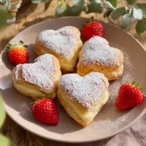 Erdbeer Herzen mit Puddingcreme auf einem Teller