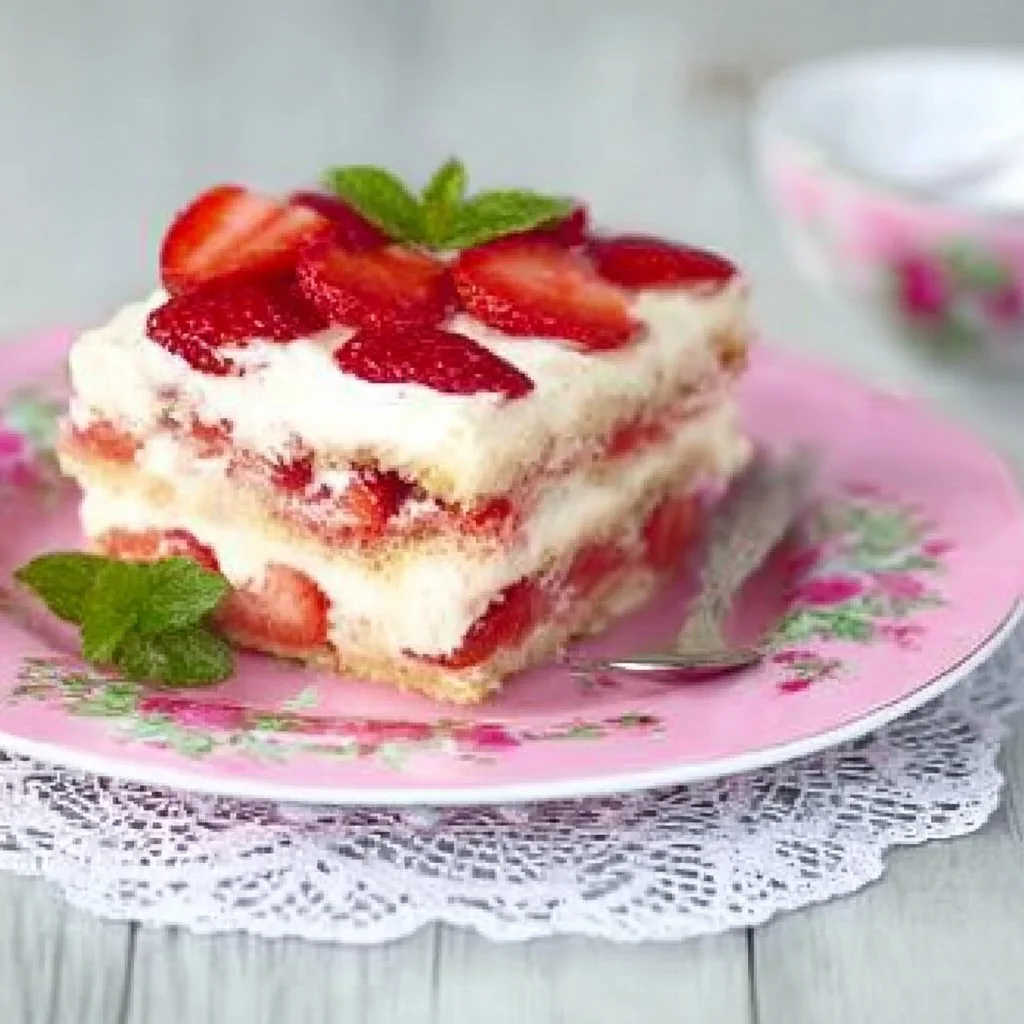 Erdbeer Tiramisu mit frischen Erdbeeren und Mascarpone-Creme.