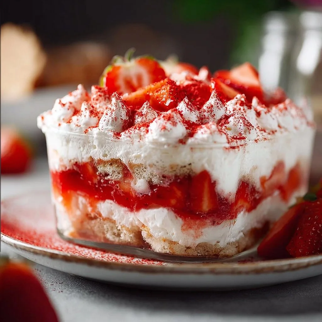 Veganes Erdbeer-Tiramisu mit frischen Erdbeeren und cremigem Schichtdessert