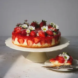 Leckerer Erdbeerkuchen mit frischen Erdbeeren und Sahne