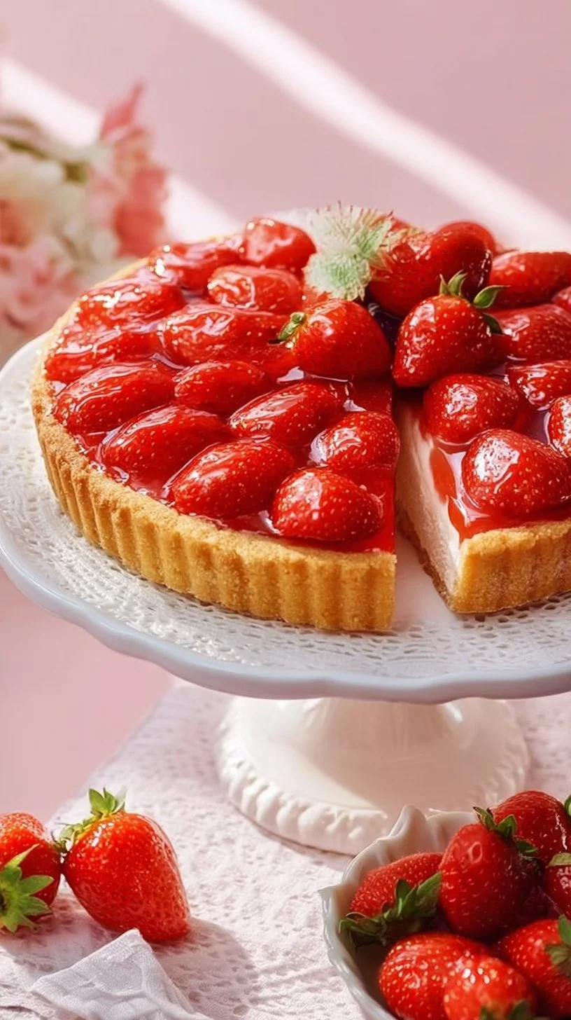 Erdbeerkuchen mit Mascarpone-Creme und Mandelboden auf einem Teller