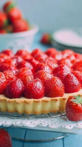 Erdbeerkuchen mit Vanillepudding und frischen Erdbeeren