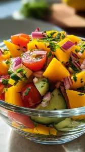 Erfrischender Mangosalat mit Limetten-Dressing auf einem Tisch serviert