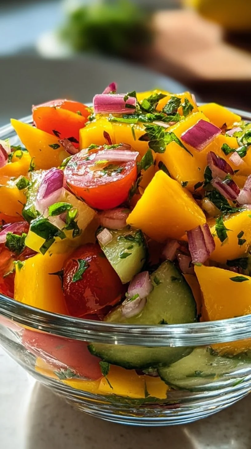 Erfrischender Mangosalat mit Limetten-Dressing auf einem Tisch serviert