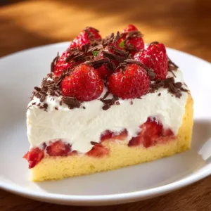 Fantakuchen mit Erdbeeren und Joghurtcreme auf einem weißen Teller angerichtet