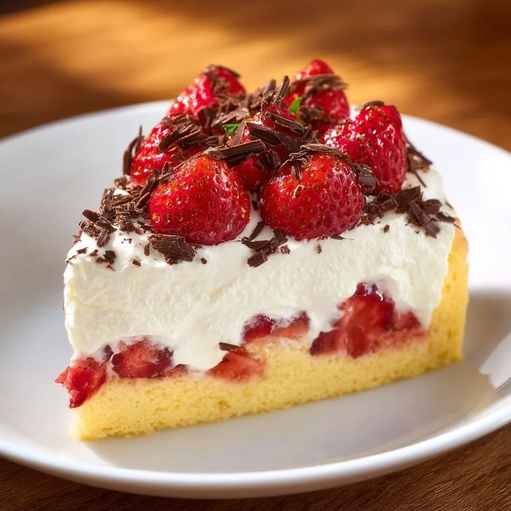 Fantakuchen mit Erdbeeren und Joghurtcreme auf einem weißen Teller angerichtet