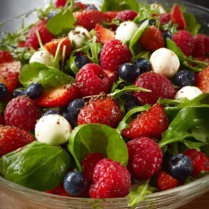 Feldsalat mit frischen Beeren und Mini Mozzarella auf einem Teller
