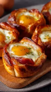 Gefüllte Frühstücksbrötchen mit Ei, Bacon und Käse auf einem Teller