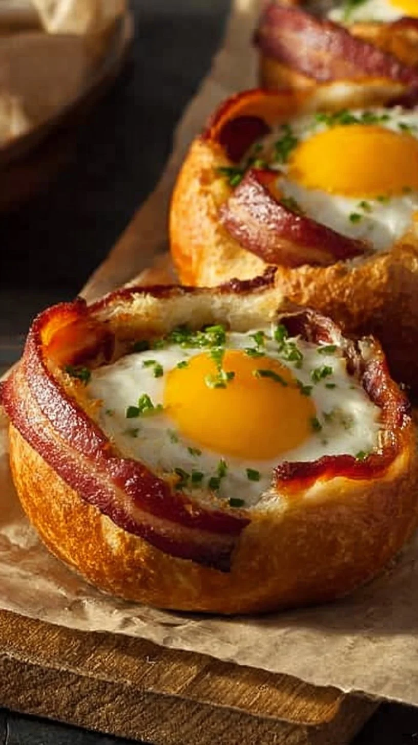 Gefüllte Frühstücksbrötchen mit Ei, Bacon und Käse