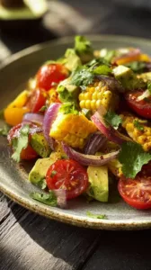 Gegrillter Mais-Avocado-Salat mit gerösteten roten Zwiebeln auf einem Teller