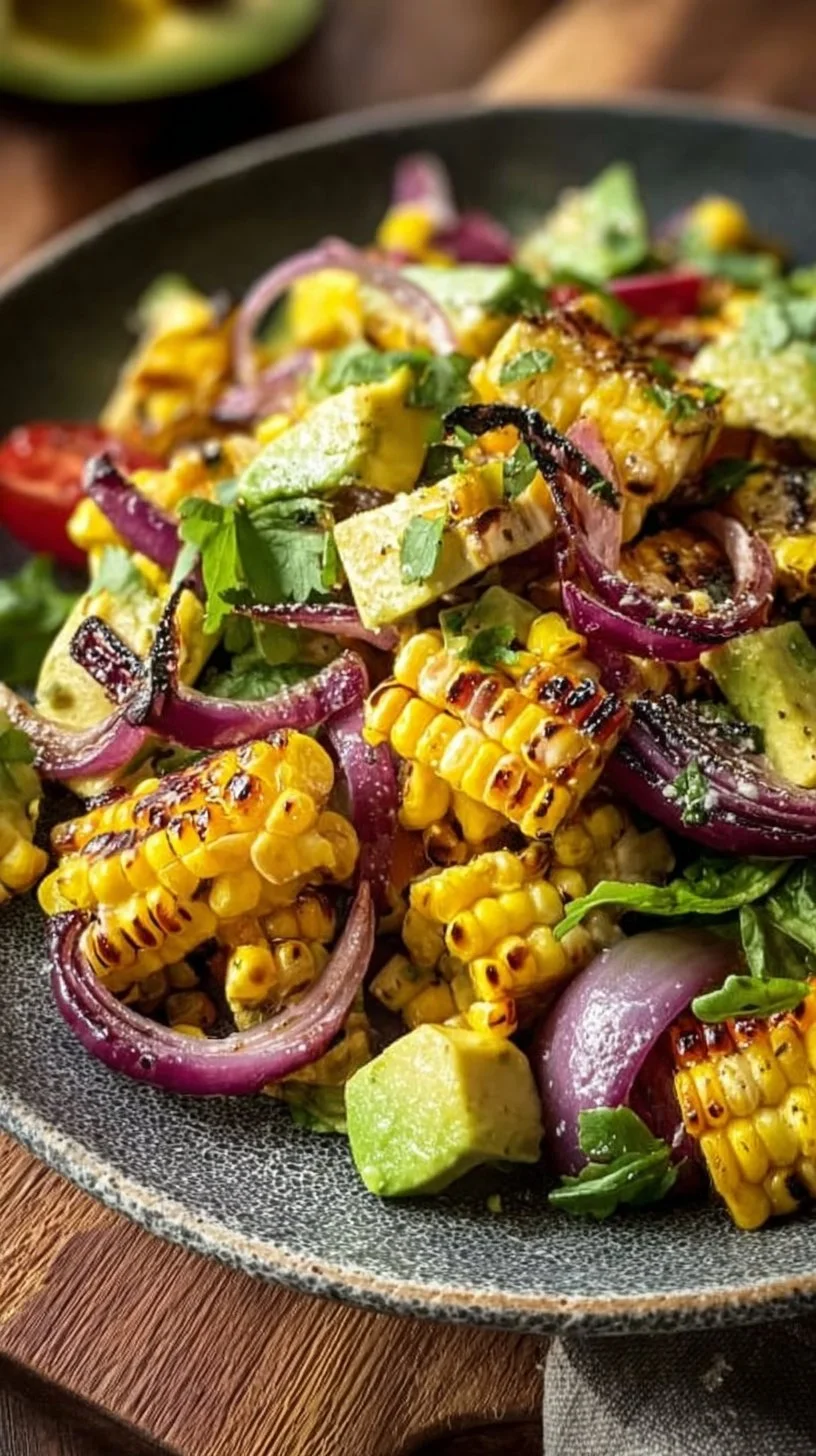 Gegrillter Mais-Avocado-Salat mit gerösteten roten Zwiebeln