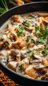 Köstliches Geschnetzeltes mit Hähnchen in Rahmsoße auf einem Teller