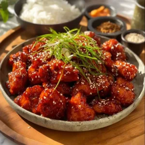 Gesundes koreanisches Frittierhähnchen auf einem Teller, garniert mit frischen Kräutern.