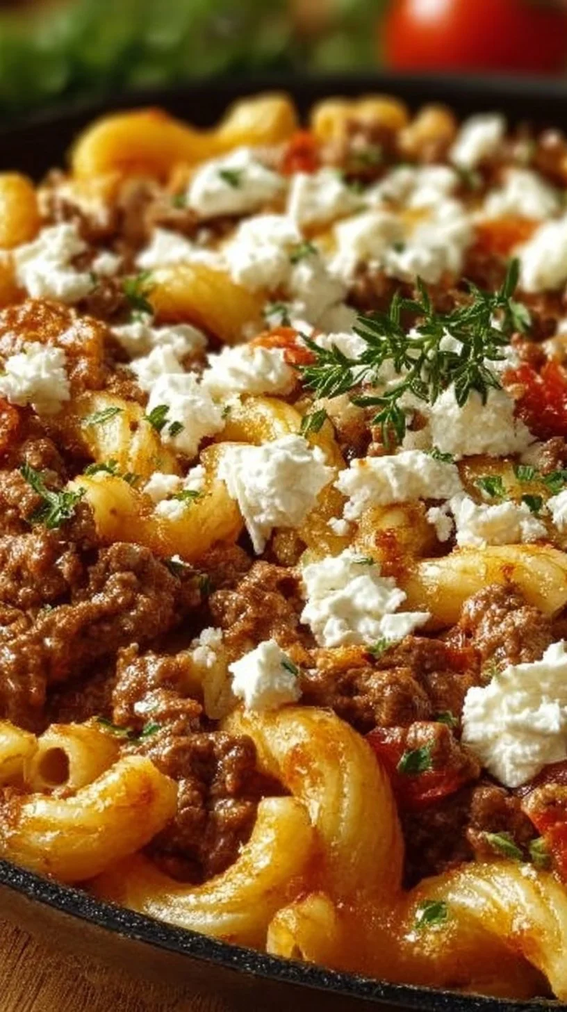 Griechischer Nudelauflauf mit Feta und Hackfleisch auf einem Teller serviert.