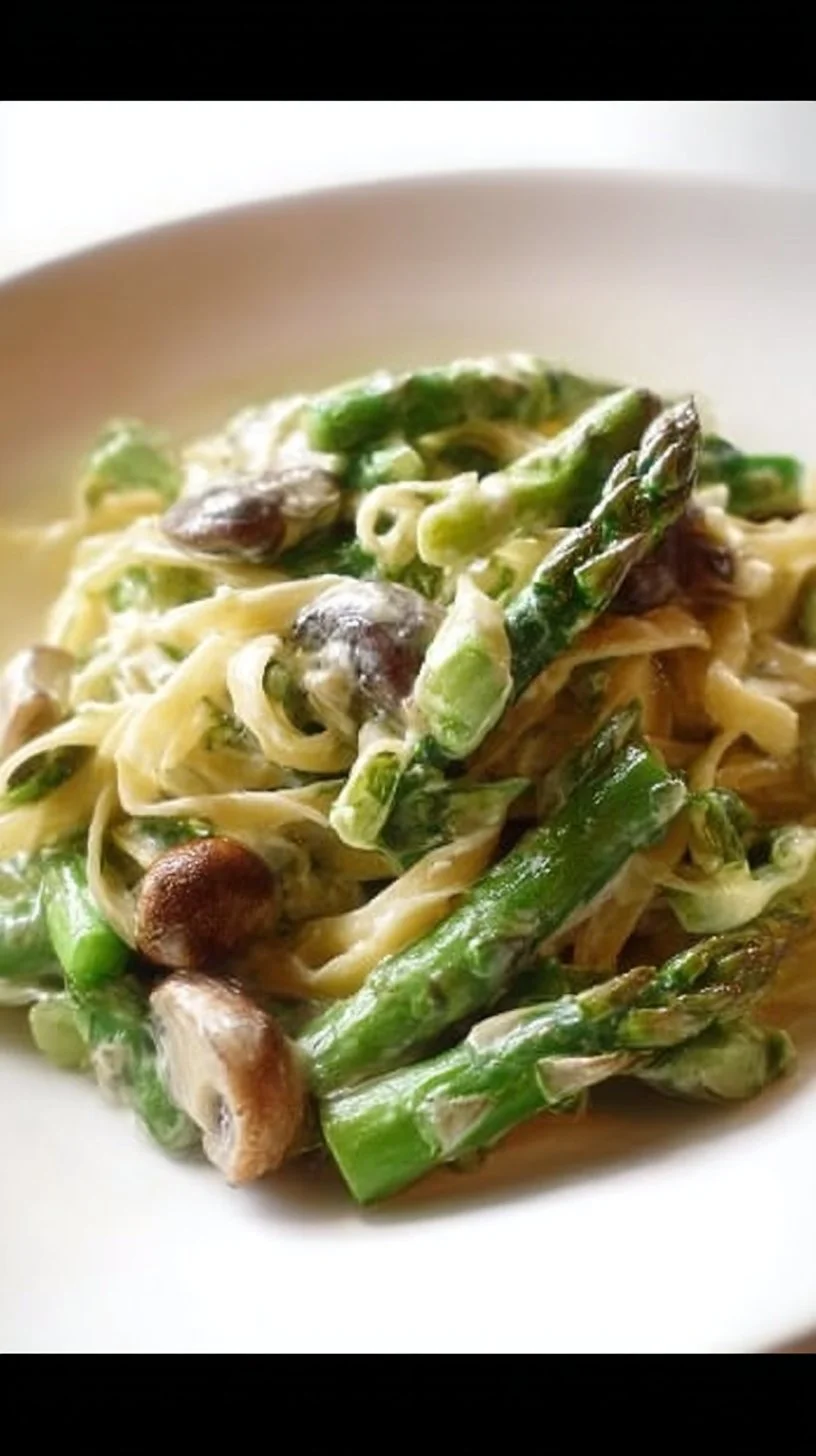 Grüner Spargel mit Pilzen auf Bandnudeln auf einem Teller angerichtet