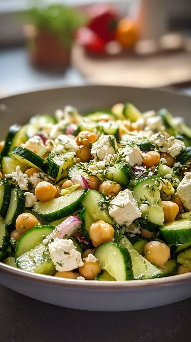 Gurkensalat mit Feta und Kichererbsen auf einem Teller