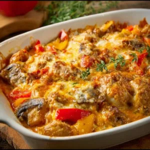 Hähnchen Auflauf im Backofen serviert mit frischem Gemüse