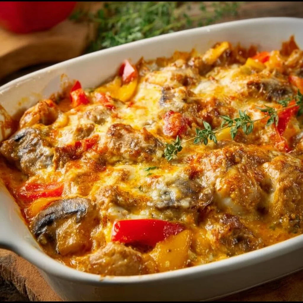 Hähnchen Auflauf im Backofen serviert mit frischem Gemüse