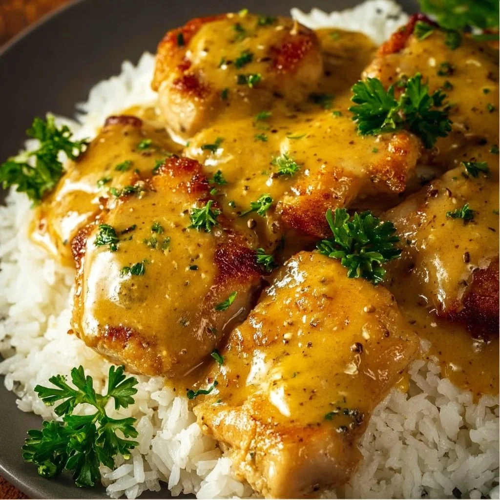 Hähnchen in Honig-Senf-Sauce mit Reis