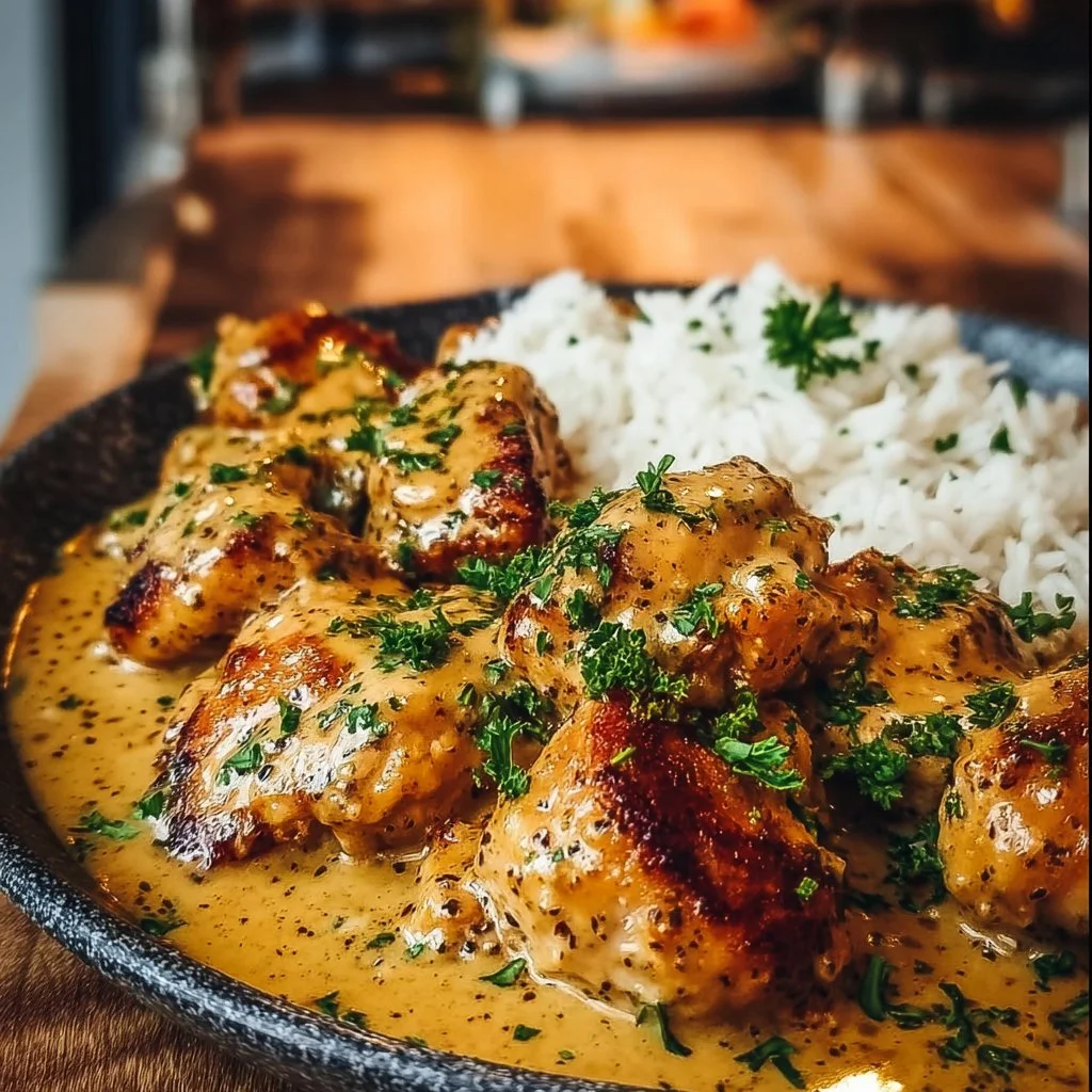 Hähnchen in Honig-Senf-Sauce mit Reis