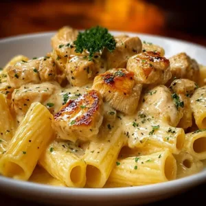 Hähnchen in Knoblauchbutter serviert mit Rigatoni Pasta