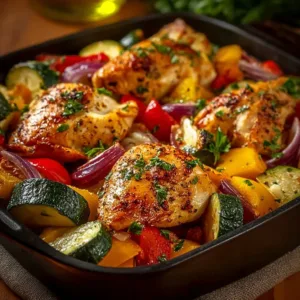 Gericht Hähnchen mit Paprika, Zucchini, Zwiebeln und Feta im Ofen lecker zubereitet